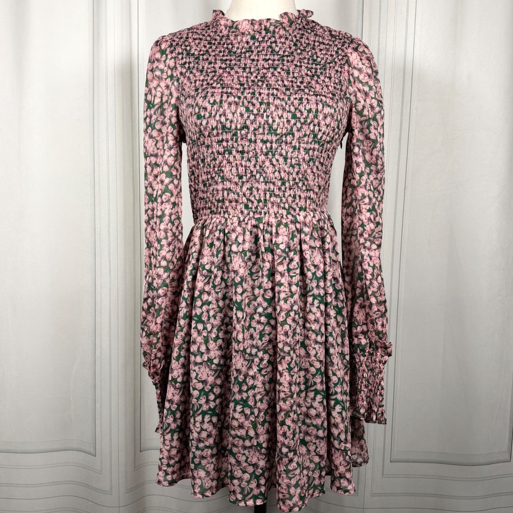 Lulus Floral Smocked Mock Neck Mini Dress Long Sleeve S